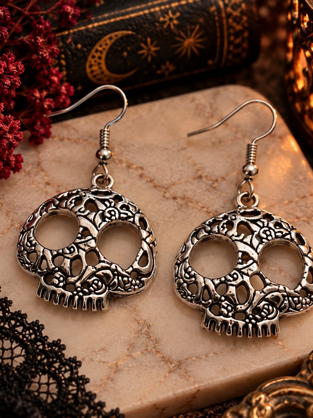 Silver Tone Metal Skull Filigree Dangle Drop Earrings New